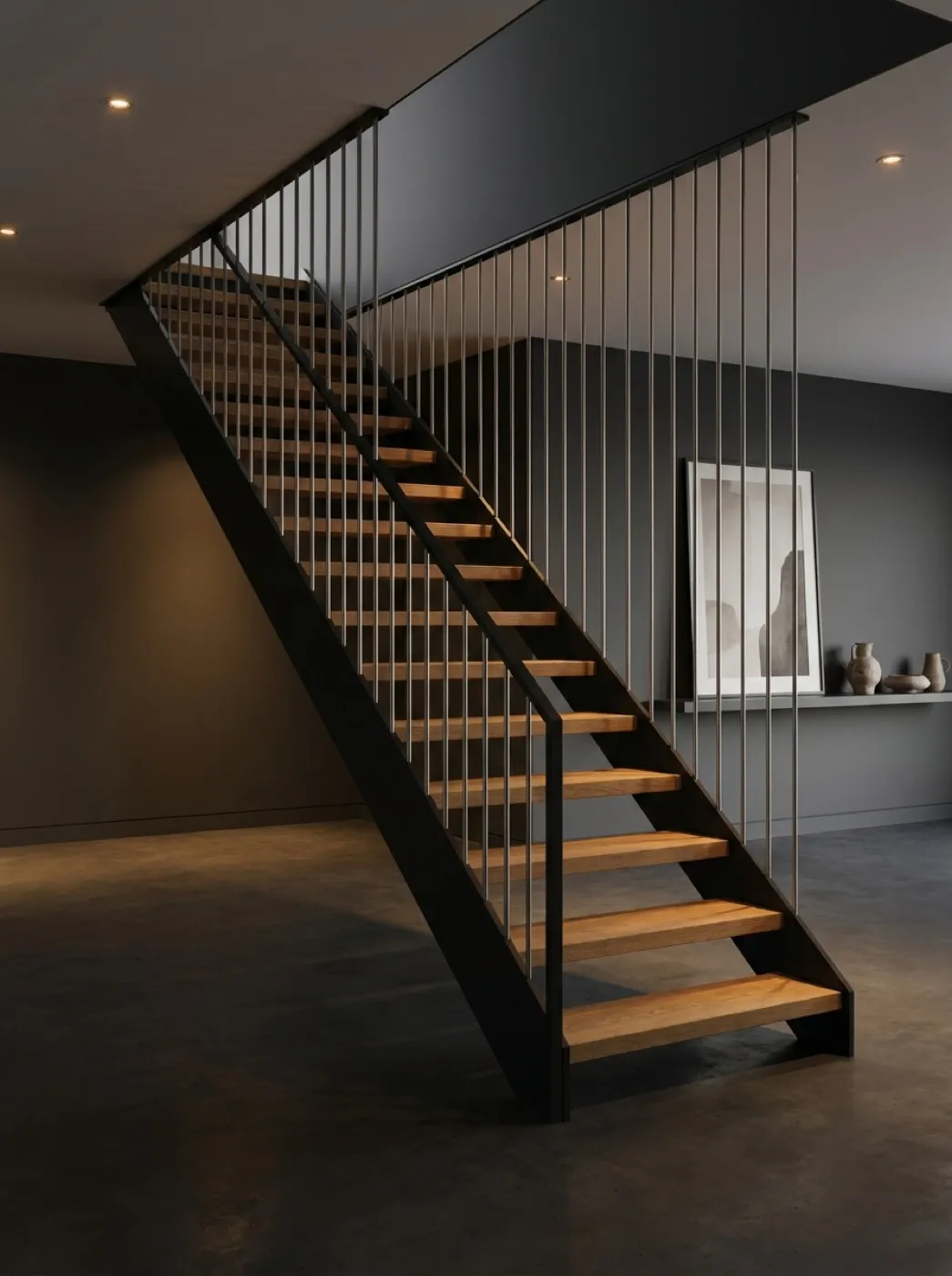 Steel stringer staircase with vertical rod balustrade