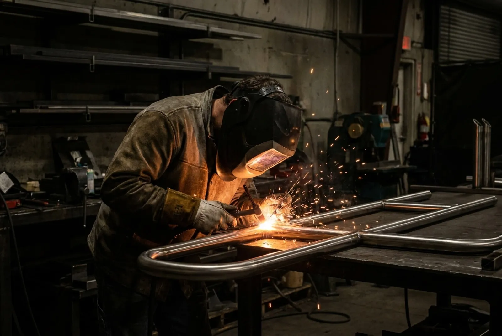 Fabricator welding a stainless handrail in the workshop
